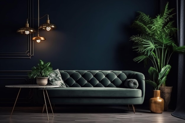 Modern living room interior with sofa and green plantslamp