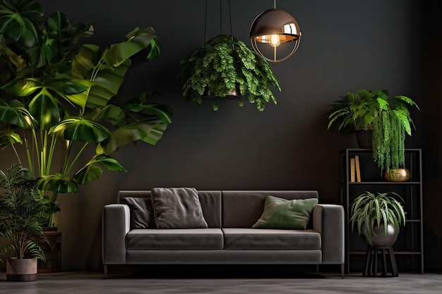 Modern living room interior with sofa and green plantslamp