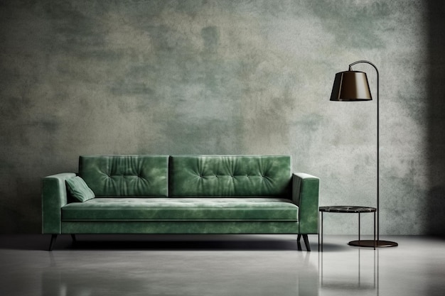 Modern living room interior with sofa and green plantslamp