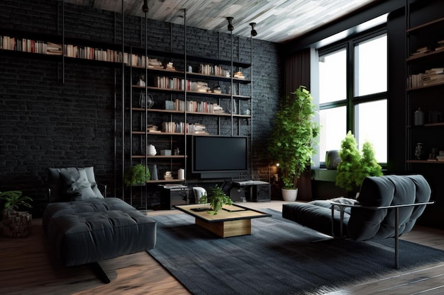 Modern living room interior with sofa and green plantslamp