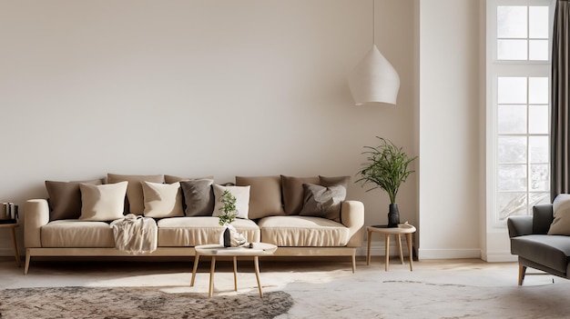 Modern living room interior with sofa wooden floor shelf window and cityscape view and decoration