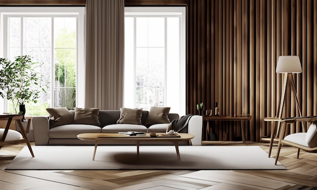 Modern living room interior with sofa wooden floor shelf window and cityscape view and decoration