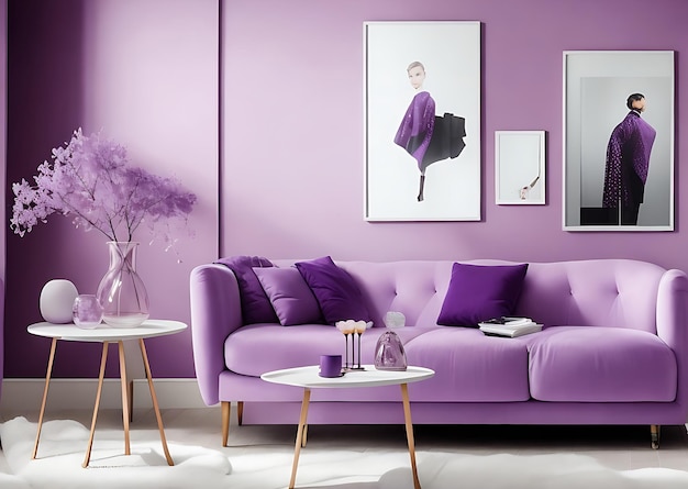 Modern Living Room Interior with Stylish Sofa in Lovely light purple Color and WallMounted Portrait