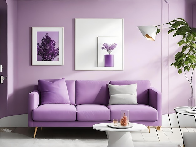 Modern Living Room Interior with Stylish Sofa in Lovely light purple Color and WallMounted Portrait