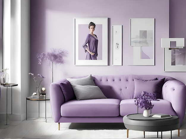 Modern Living Room Interior with Stylish Sofa in Lovely light purplegray Color