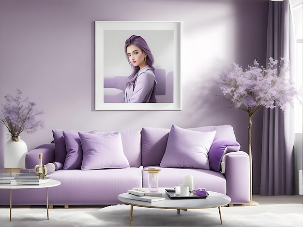 Modern Living Room Interior with Stylish Sofa in Lovely light purplegray Color