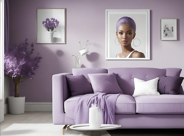 Modern Living Room Interior with Stylish Sofa in Lovely light purplegray Color