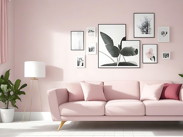 Modern Living Room Interior with Stylish Sofa in Lovely Pink Color and WallMounted Portrait Frame