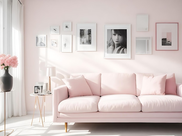 Modern Living Room Interior with Stylish Sofa in Lovely Pink Color and WallMounted Portrait Frame