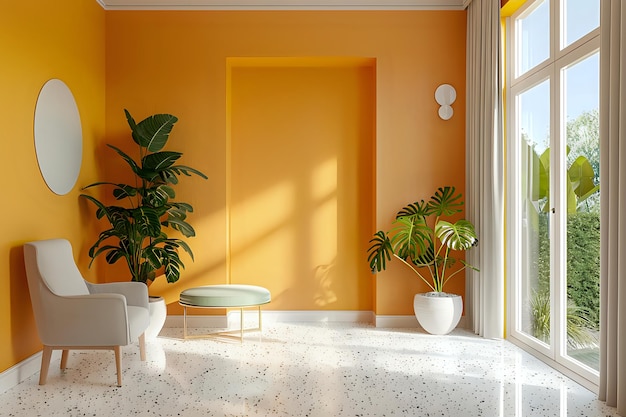 Modern Living Room Interior with Vibrant Orange Walls Sunlight and Green Houseplants Near Window