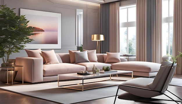 Modern living room interior with white sofa lots of cute details with coffee table and coffee