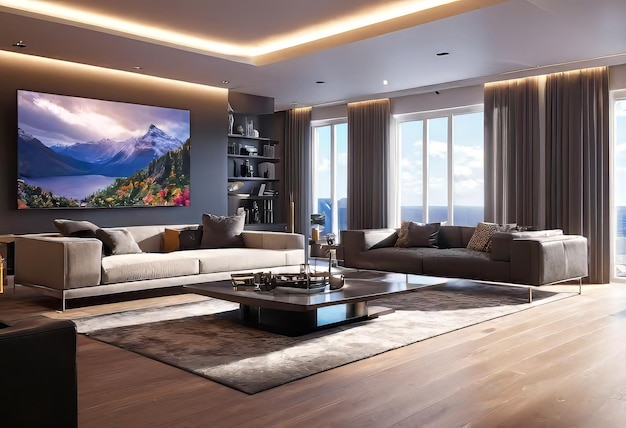 Modern living room interior with white sofa lots of cute details with coffee table and coffee