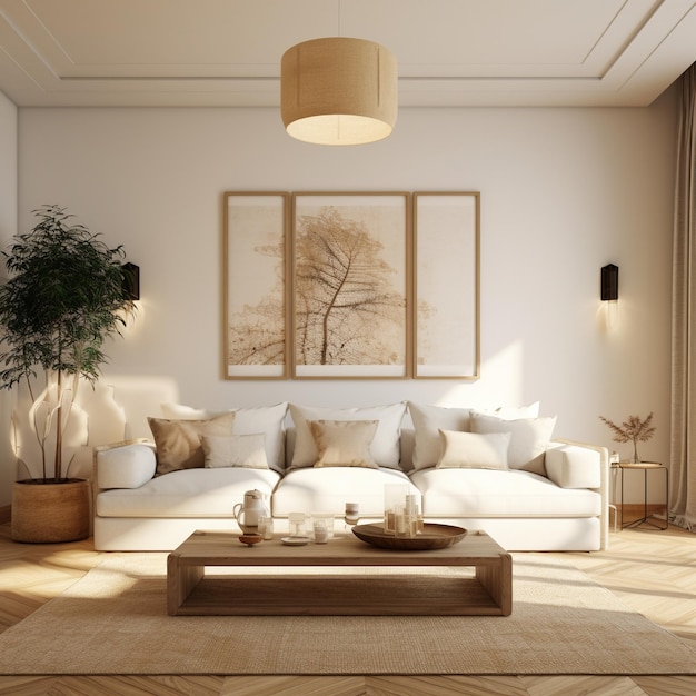 Modern living room interior with white sofa and natural elements