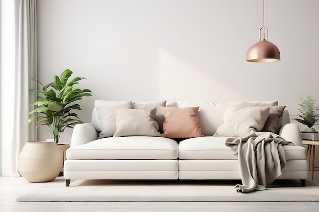 Modern living room interior with white sofa and plants