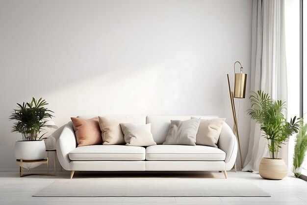 Modern living room interior with white sofa and plants