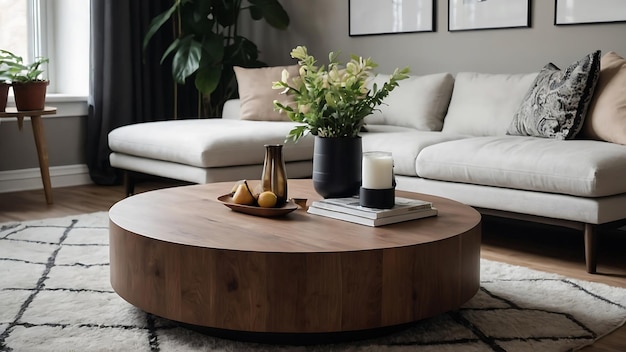 Modern living room interior with wooden coffee table and sofa copy space