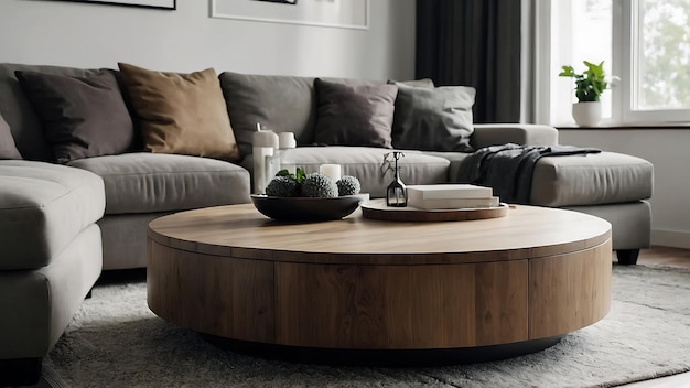 Modern living room interior with wooden coffee table and sofa copy space