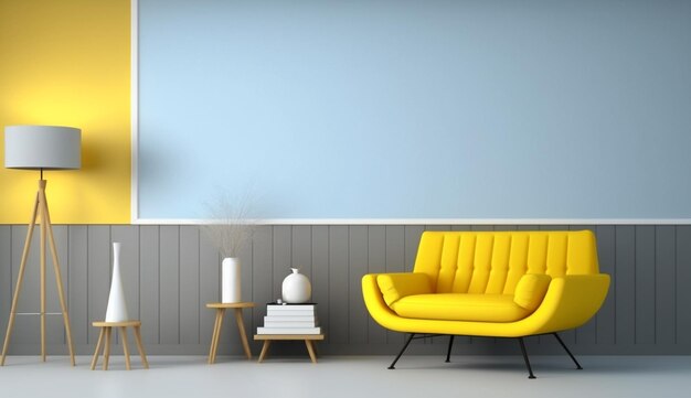 Modern living room interior with yellow chair mockup 9