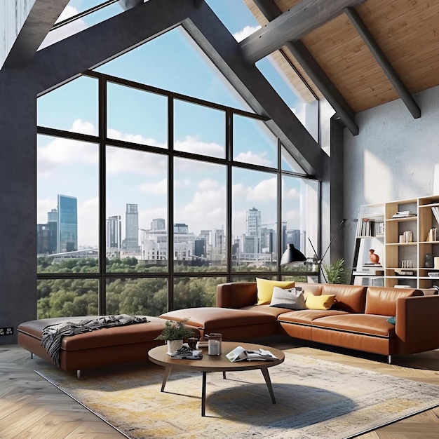 A modern living room in a loft panoramic window with skyline in the background