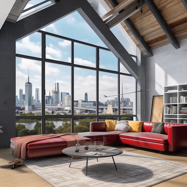 A modern living room in a loft panoramic window with skyline in the background