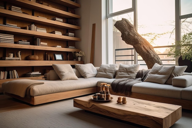 Modern Living Room Loft Space with Bespoke Furnishings Designer Couches Wood Storage and Stylish