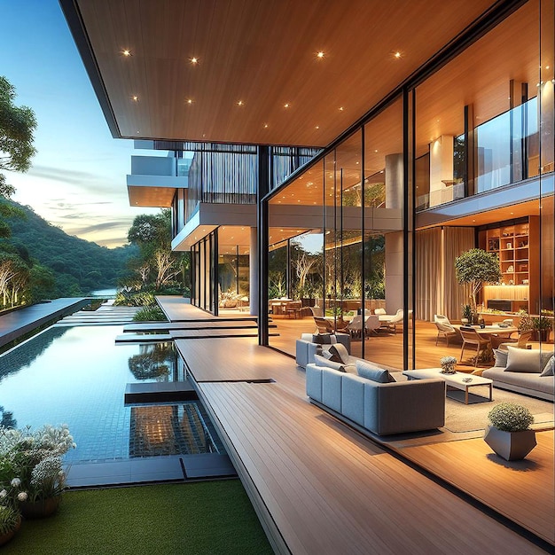 Modern living room and patio next to swimming pool