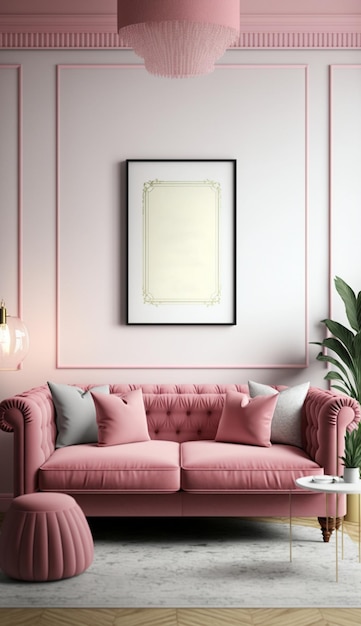 Modern living room. Poster frame on the wall of the living room. Frame Mockup Luxurious apartment