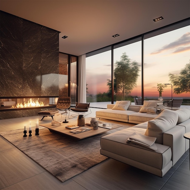 Modern living room at sunset with chimney fire luxury wide windows