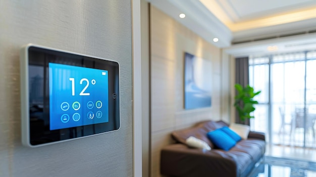 Photo modern living room thermostat displaying 12 degrees celsius