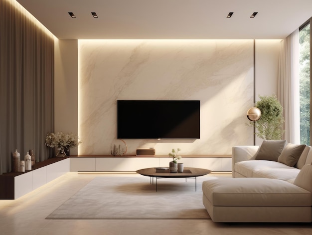 A modern living room in a warm tone with a TV a sofa an expansive window and natural light Generative AI