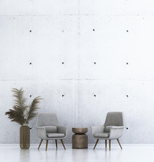 Photo modern living room and a white wall with a plant and chairs in front of it