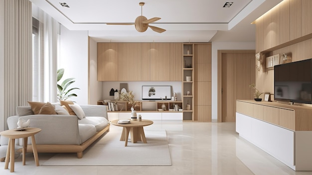 modern living room in white and wood colors nordic luxury house Generative AI