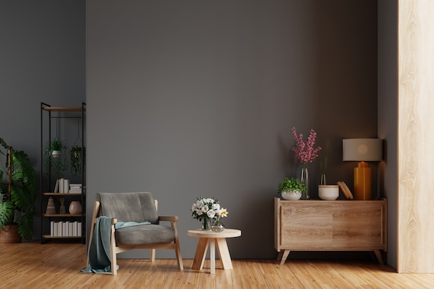 Modern living room with armchair,table,flower and plant on black wall