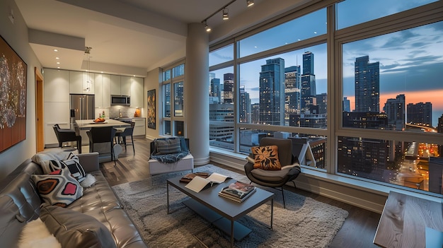 Photo a modern living room with a beautiful view of a city skyline at dusk