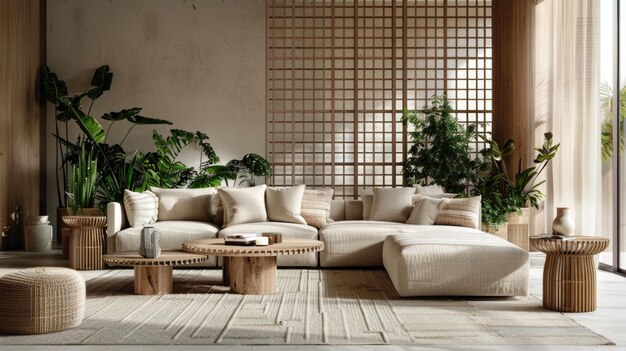 Modern living room with beige sofa wooden coffee table and multiple indoor plants