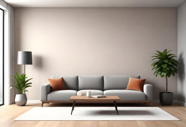 Modern living room with a beige wall a gray sofa interior design