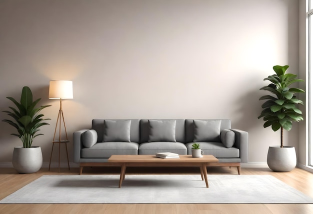 Modern living room with a beige wall a gray sofa interior design