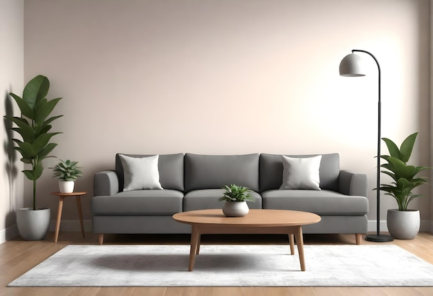 Modern living room with a beige wall a gray sofa interior design