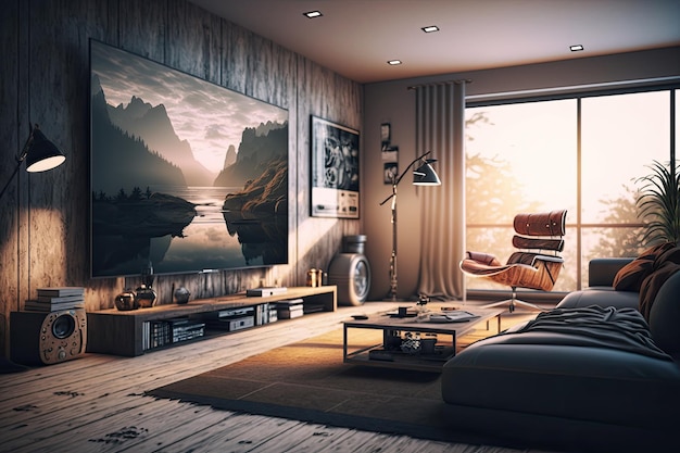 Modern Living room with Big TV on the wall in the room Illustration Generative AI