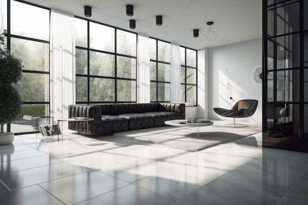 Modern living room with black sofa and large windows Generative AI