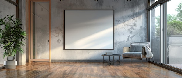 a modern living room with a blank wall for art wooden flooring and a designer armchair on the right