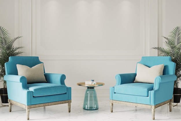 Modern living room with blue armchairs