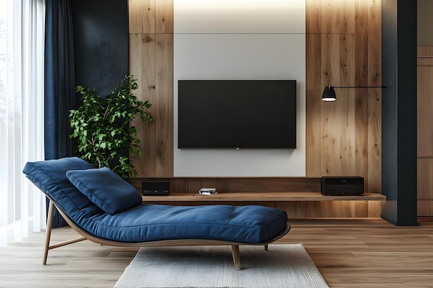 Photo modern living room with blue chaise lounge and wallmounted tv