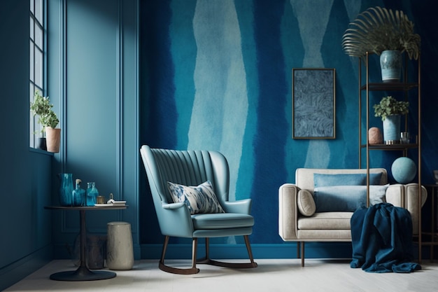 A modern living room with blue Pantone decor and sleek furniture