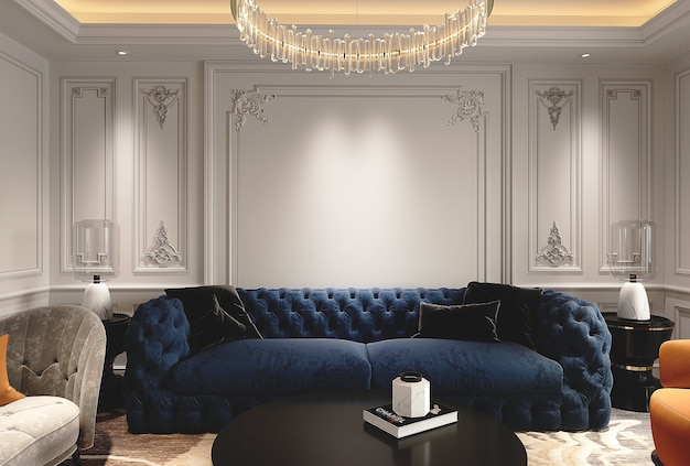 Modern living room with blue sofa 3d render