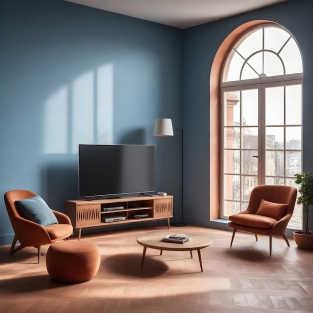 Modern living room with blue walls a large window with a triangular top