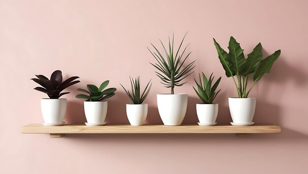 Modern Living Room with Blush Pink Paneling and Floating Wooden Shelf with Potted Plants