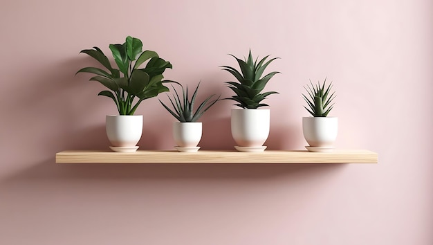 Modern Living Room with Blush Pink Paneling and Floating Wooden Shelf with Potted Plants