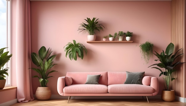 a modern living room with blush pink wall paneling and a floating wooden shelf with potted plants