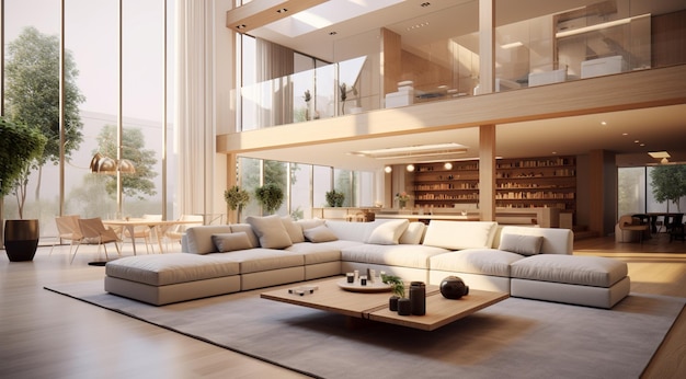 modern living room with bright high ceiling generativa IA